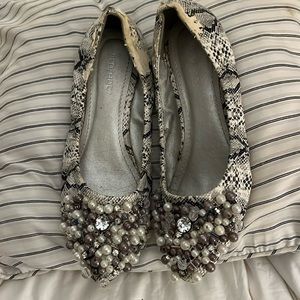 Red Shoes snake skin flats with beads and rhinestones, size 6.